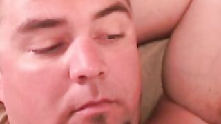 Fat amateur jerks off his erect cock and cums on himself