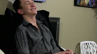 Charming young man interviewed before dildoing his ass