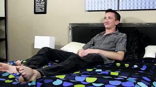 Charming young man interviewed before dildoing his ass