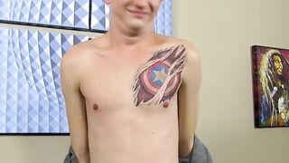 Charming young man interviewed before dildoing his ass