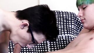 Nerdy twink bareback and facialized by his big cocked lover