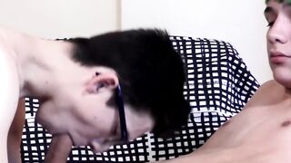 Nerdy twink bareback and facialized by his big cocked lover