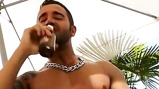 FilthyPissPlay.com - Freaky homo douses cock and ass with beer in outdoor piss play