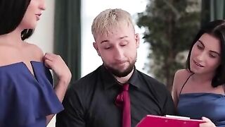 Jason X is trying to work but his employees Betzz and Lilly Bella have other ideas. The girls take their time dressing 1 another inside Beauty panties and liking sweet caresses. Then they slip in dresses and check themselves apply makeup to each other.