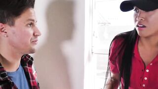Trapped Asian teen Ember Snow facialized after threesome sex