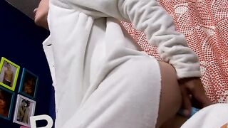 Twink Benjamin Riley solo fucks dildo in pyjamas and cumshot