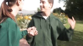 Slim dark hair MILF fucks with tiny melons outdoors
