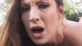 Slim dark hair MILF fucks with tiny melons outdoors
