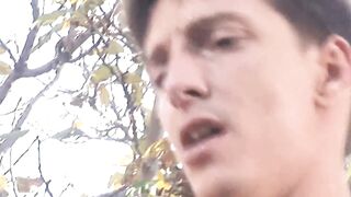 Slim dark hair MILF fucks with tiny melons outdoors