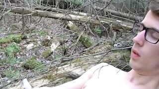 Geeky young twink Sacha West jacking off outside completely naked