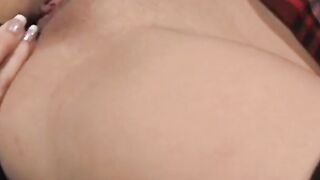 Sultry red head into nylon tights drilling snatch with a dildo