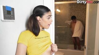 Spying stepsis pussyfucked inside taboo trio with big tit stepmom