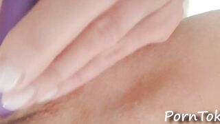 Baby caresses bald snatch close-up