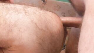 Slender bushy gays banged each other anally without a condom