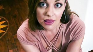 Good looking MILF with big tits swallows a stiff cock POV