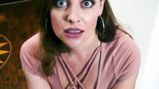 Good looking MILF with big tits swallows a stiff cock POV