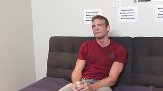 Athletic jock Davey Marks jerks off after an interview