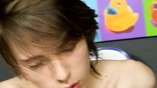 Cute boy with long hair ruins his sweet ass and jerks off