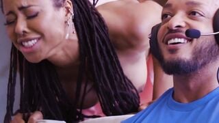 ADULT TIME - Long Cock Pizza Dude Cocks Down Black Beauty Kira Noir Without Her Gamer bf Noticing!