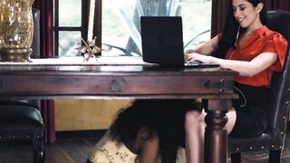 ALL BIMBOS RUBS - Hot Black Pleasures Her Busy Ex-Wife Under Table Before Licking Her Twat