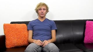 Interviewed twink Evan Stone stuffs ass with black dildo