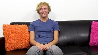 Interviewed twink Evan Stone stuffs ass with black dildo
