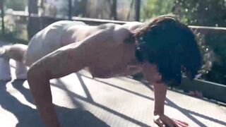 Handsome Asian American jock Jay Wu works out and tugs his erect cock