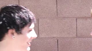 Pierced twinks outdoor bareback drilling ends in cum feeding