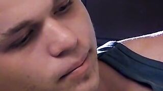 Tattooed Holden pullout cock and shoots load on his chest while blowing smoke
