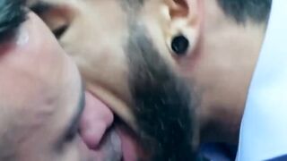 PlayingMen.com - Elegant hunk wears slick blue suit while ramming hot stud deeply and