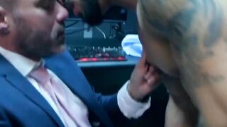 PlayingMen.com - Elegant hunk wears slick blue suit while ramming hot stud deeply and