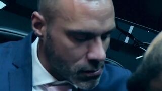 PlayingMen.com - Elegant hunk wears slick blue suit while ramming hot stud deeply and