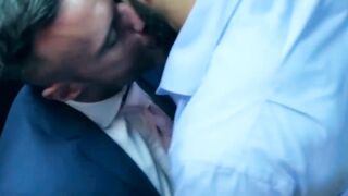 PlayingMen.com - Elegant hunk wears slick blue suit while ramming hot stud deeply and