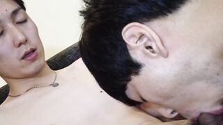 Young Japanese men cum together after a rough anal fucking
