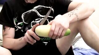 Straight tattooed thug playing with his big cock and a fruit