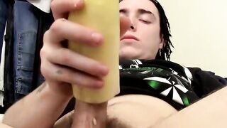 Straight tattooed thug playing with his big cock and a fruit