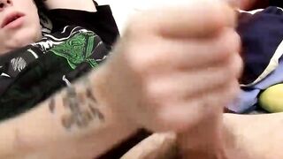 Straight tattooed thug playing with his big cock and a fruit