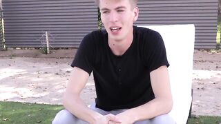 Interviewed twink takes a shower and jacks off until he cums