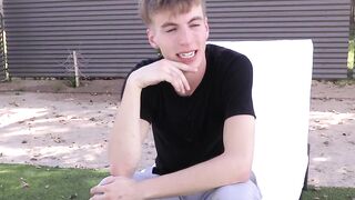 Interviewed twink takes a shower and jacks off until he cums