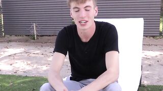 Interviewed twink takes a shower and jacks off until he cums