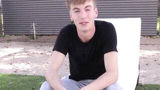 Interviewed twink takes a shower and jacks off until he cums