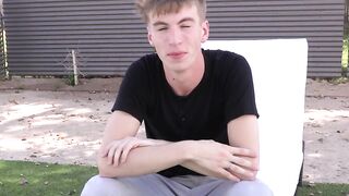 Interviewed twink takes a shower and jacks off until he cums