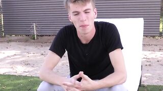 Interviewed twink takes a shower and jacks off until he cums