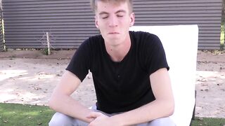 Interviewed twink takes a shower and jacks off until he cums