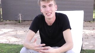 Interviewed twink takes a shower and jacks off until he cums