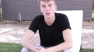 Interviewed twink takes a shower and jacks off until he cums