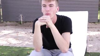 Interviewed twink takes a shower and jacks off until he cums