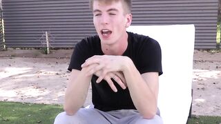 Interviewed twink takes a shower and jacks off until he cums