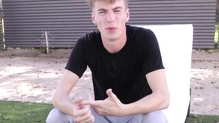 Interviewed twink takes a shower and jacks off until he cums