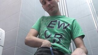 Short haired twink Patrick jerks off his uncut prick solo